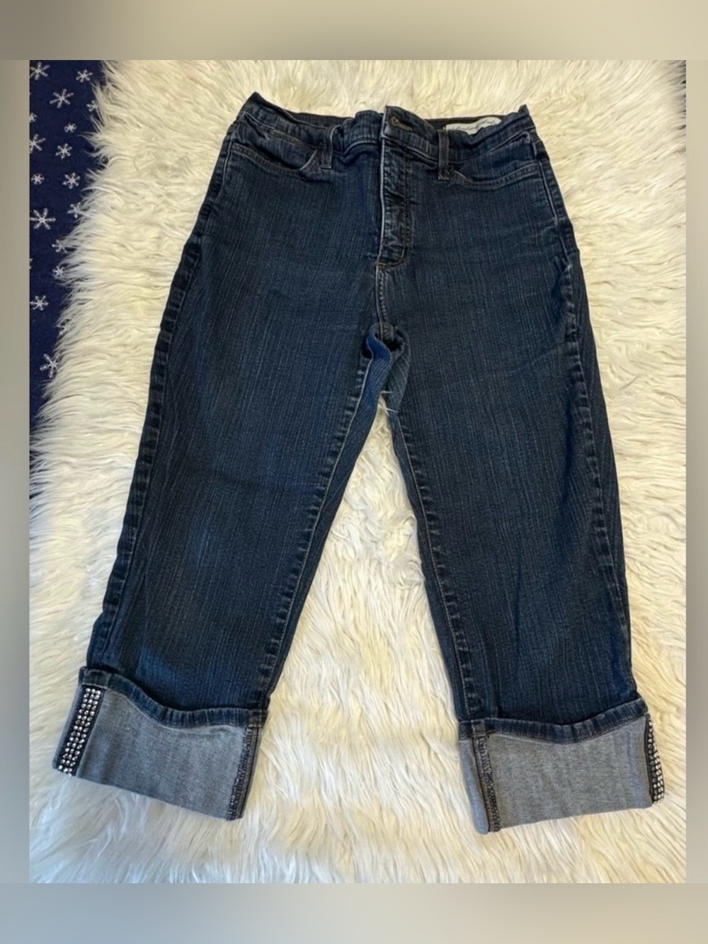 NYDJ Dark Blue Cropped Jeans with Stud-Cuffed Hem
